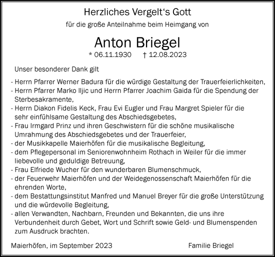 Traueranzeige von Anton Briegel von Der Westallgäuer