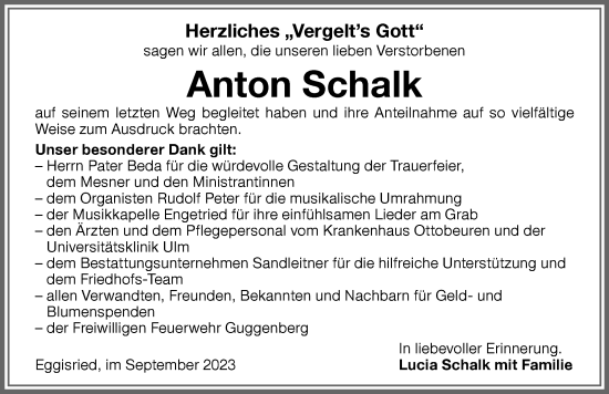 Traueranzeige von Anton Schalk von Memminger Zeitung