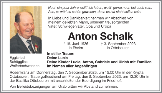 Traueranzeige von Anton Schalk von Memminger Zeitung