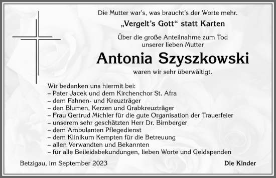 Traueranzeige von Antonia Szyszkowski von Allgäuer Zeitung,Kempten
