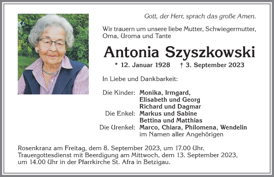 Traueranzeige von Antonia Szyszkowski von Allgäuer Zeitung,Kempten