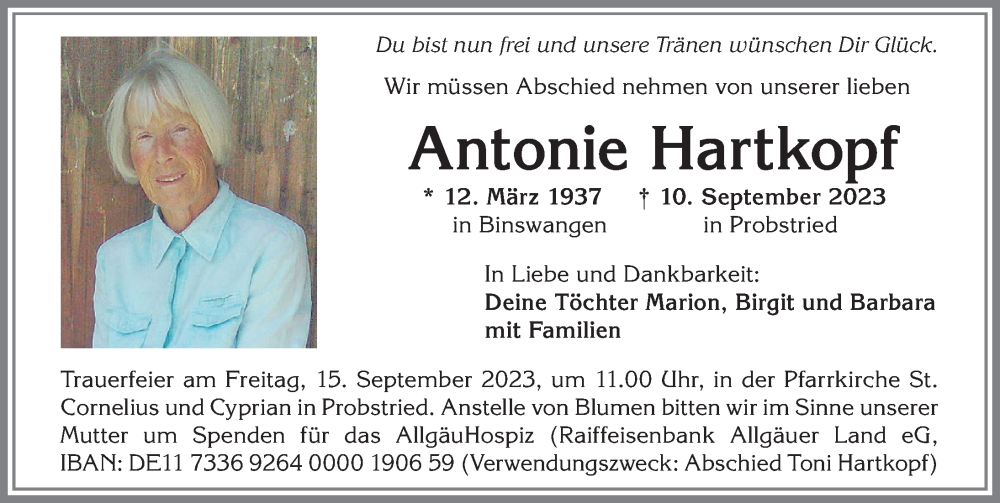  Traueranzeige für Antonie Hartkopf vom 12.09.2023 aus Allgäuer Zeitung,Kempten