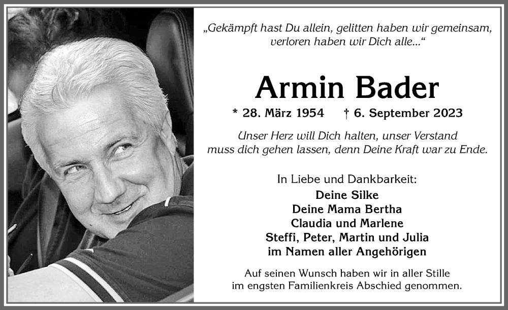  Traueranzeige für Armin Bader vom 16.09.2023 aus Allgäuer Zeitung, Füssen