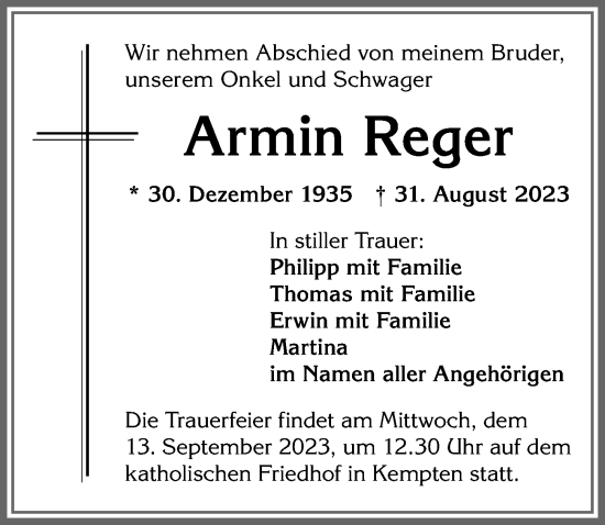 Traueranzeige von Armin Reger von Allgäuer Zeitung,Kempten