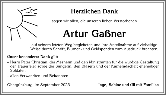 Traueranzeige von Artur Gaßner von Allgäuer Zeitung, Marktoberdorf