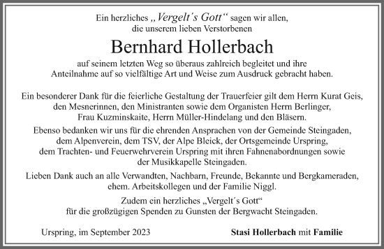 Traueranzeige von Bernhard Hollerbach von Allgäuer Zeitung, Füssen