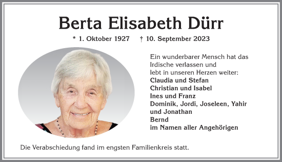 Traueranzeige von Berta Elisabeth Dürr von Allgäuer Anzeigeblatt