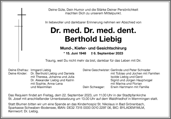 Traueranzeige von Berthold Liebig von Illertisser Zeitung, Augsburger Allgemeine, Mindelheimer Zeitung, Landsberger Tagblatt
