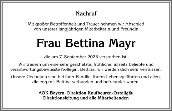 Traueranzeige von Bettina Mayr von Allgäuer Zeitung, Füssen