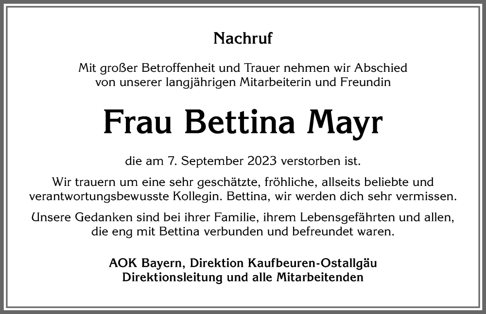  Traueranzeige für Bettina Mayr vom 16.09.2023 aus Allgäuer Zeitung, Füssen