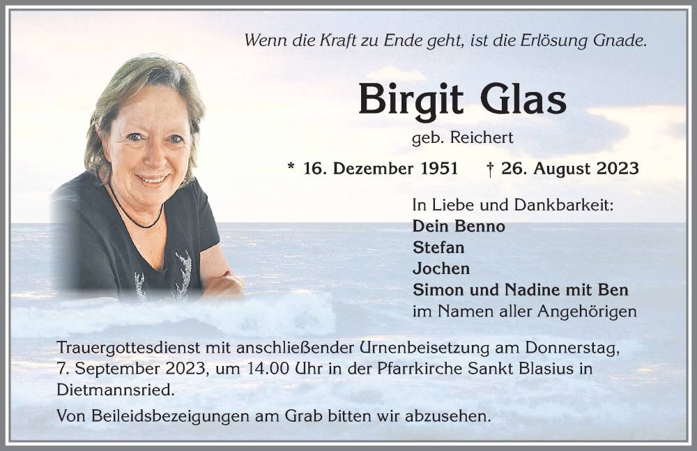  Traueranzeige für Birgit Glas vom 02.09.2023 aus Allgäuer Zeitung,Kempten