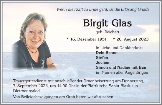 Traueranzeige von Birgit Glas von Allgäuer Zeitung,Kempten