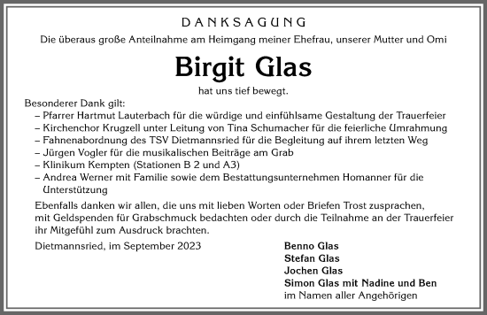 Traueranzeige von Birgit Glas von Allgäuer Zeitung,Kempten