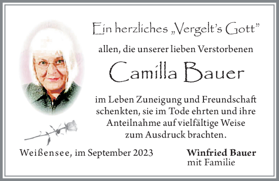 Traueranzeige von Camilla Bauer von Allgäuer Zeitung, Füssen