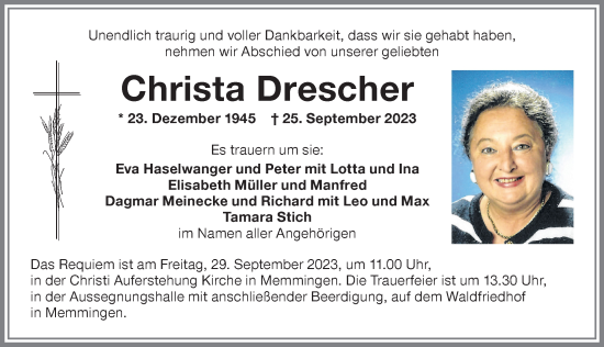 Traueranzeige von Christa Drescher von Memminger Zeitung