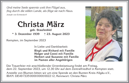 Traueranzeige von Christa März von Allgäuer Zeitung,Kempten