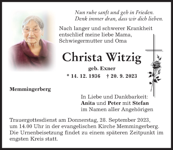 Traueranzeige von Christa Witzig von Memminger Zeitung