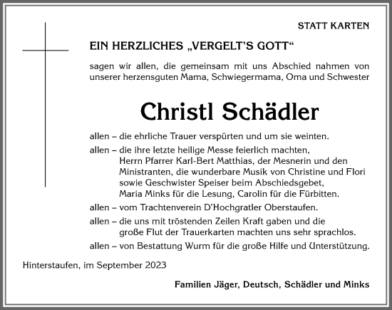 Traueranzeige von Christi Schädler von Der Westallgäuer