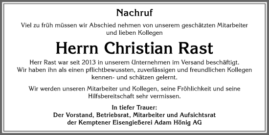Traueranzeige von Christian Rast von Allgäuer Zeitung,Kempten