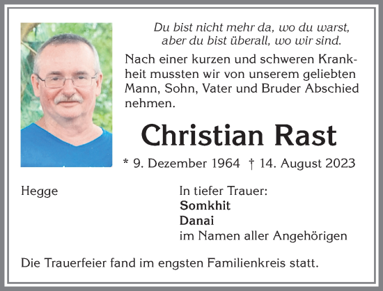 Traueranzeige von Christian Rast von Allgäuer Zeitung,Kempten