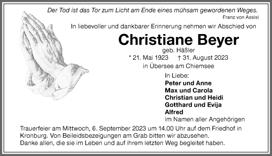 Traueranzeige von Christiane Beyer von Memminger Zeitung