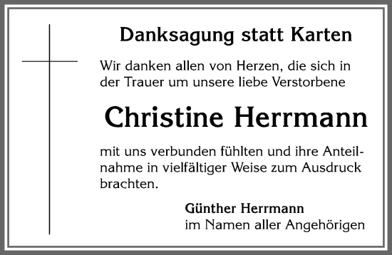 Traueranzeige von Christine Herrmann von Allgäuer Zeitung,Kempten
