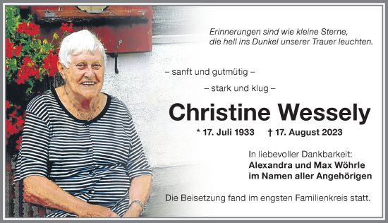 Traueranzeige von Christine Wessely von Memminger Zeitung