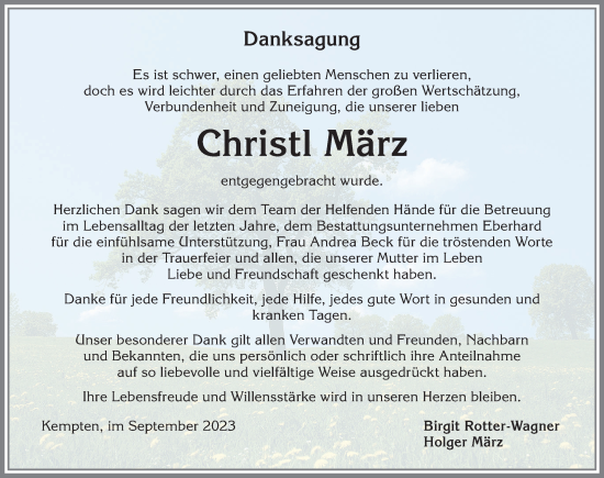 Traueranzeige von Christl März von Allgäuer Zeitung,Kempten