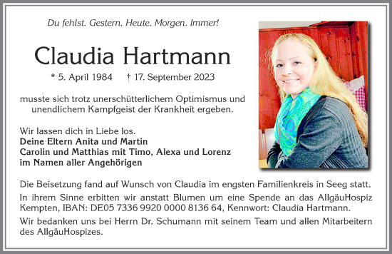 Traueranzeige von Claudia Hartmann von Allgäuer Zeitung, Füssen