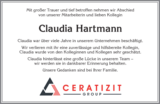 Traueranzeige von Claudia Hartmann von Allgäuer Zeitung, Füssen
