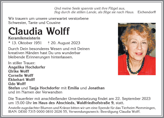 Traueranzeige von Claudia Wolff von Memminger Zeitung