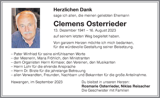 Traueranzeige von Clemens Osterrieder von Memminger Zeitung
