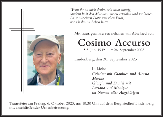 Traueranzeige von Cosimo Accurso von Der Westallgäuer