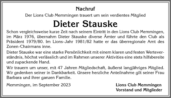 Traueranzeige von Dieter Stauske von Memminger Zeitung