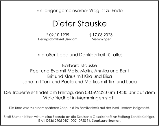 Traueranzeige von Dieter Stauske von Memminger Zeitung