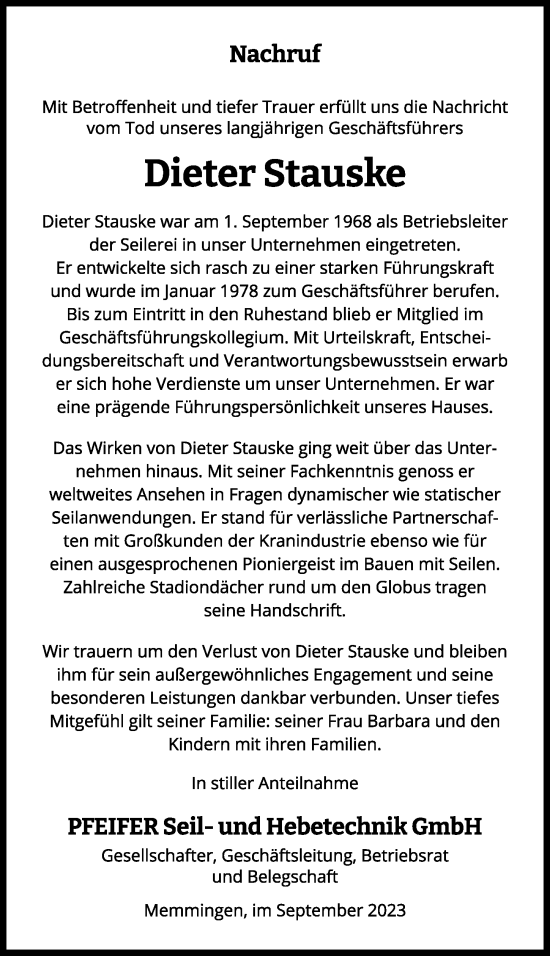 Traueranzeige von Dieter Stauske von Memminger Zeitung