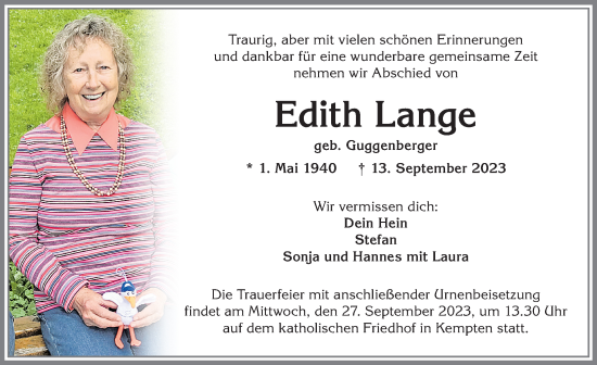 Traueranzeige von Edith Lange von Allgäuer Zeitung,Kempten