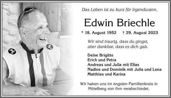 Traueranzeige von Edwin Briechle von Allgäuer Zeitung, Marktoberdorf
