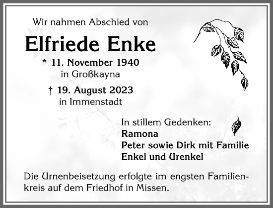 Traueranzeige von Elfriede Enke von Allgäuer Anzeigeblatt