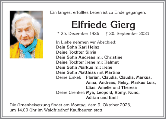 Traueranzeige von Elfriede Gierg von Allgäuer Zeitung, Kaufbeuren/Buchloe