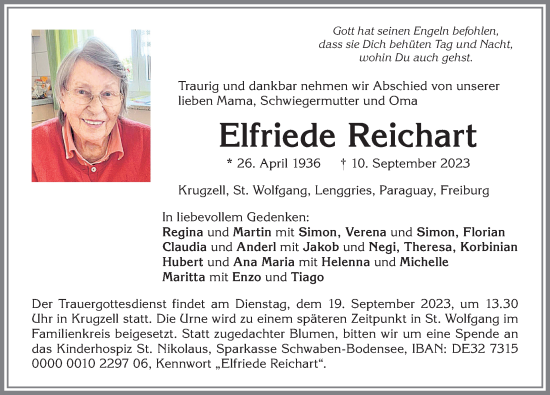 Traueranzeige von Elfriede Reichart von Allgäuer Zeitung,Kempten