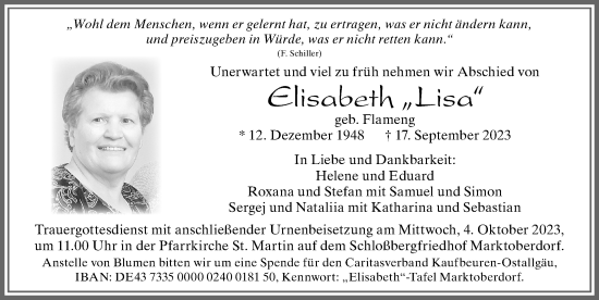 Traueranzeige von Elisabeth  von Allgäuer Zeitung, Marktoberdorf