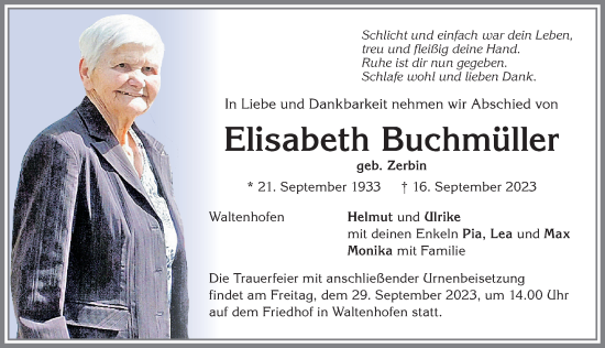 Traueranzeige von Elisabeth Buchmüller von Allgäuer Zeitung,Kempten