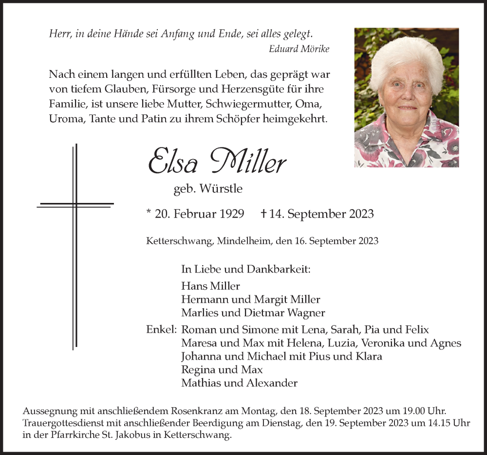  Traueranzeige für Elsa Miller vom 16.09.2023 aus Allgäuer Zeitung, Kaufbeuren/Buchloe