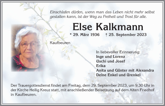 Traueranzeige von Else Kalkmann von Allgäuer Zeitung, Kaufbeuren/Buchloe