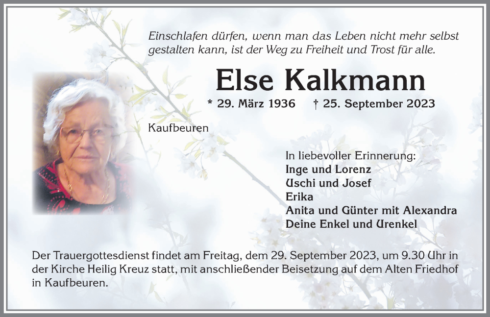  Traueranzeige für Else Kalkmann vom 28.09.2023 aus Allgäuer Zeitung, Kaufbeuren/Buchloe