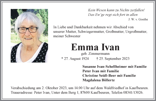 Traueranzeige von Emma Ivan von Allgäuer Zeitung, Kaufbeuren/Buchloe