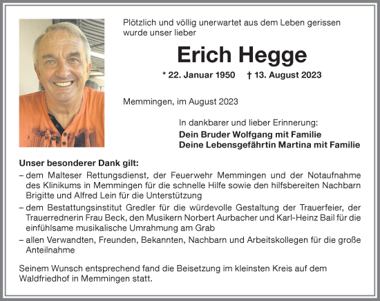Traueranzeige von Erich Hegge von Memminger Zeitung