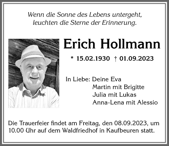 Traueranzeige von Erich Hollmann von Allgäuer Zeitung, Kaufbeuren/Buchloe