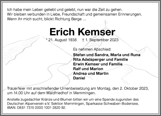 Traueranzeige von Erich Kemser von Allgäuer Zeitung, Füssen